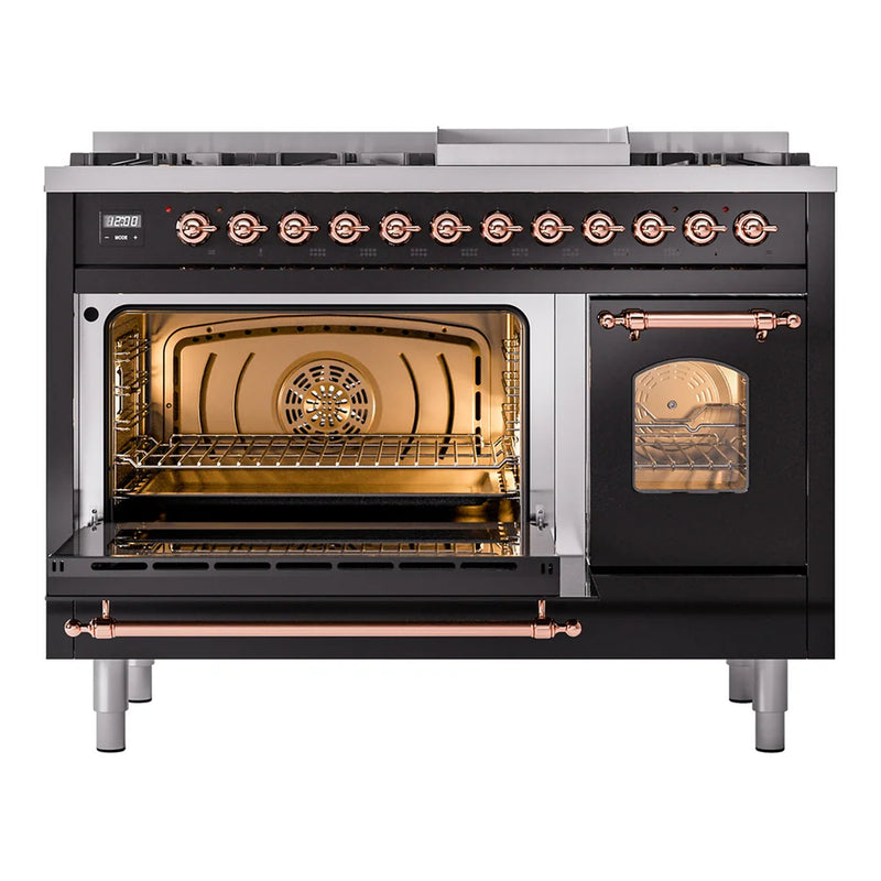 ILVE Nostalgie II 48" Dual Fuel Freestanding Range in Glossy Black with Copper Trim, UP48FNMPBKPLP
