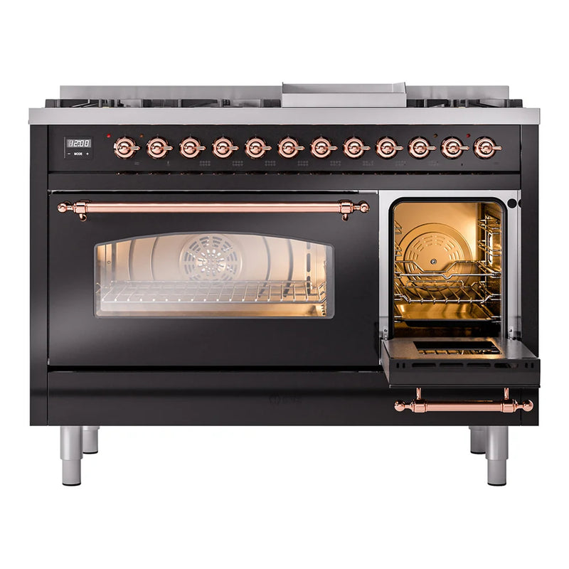 ILVE Nostalgie II 48" Dual Fuel Freestanding Range in Glossy Black with Copper Trim, UP48FNMPBKPLP