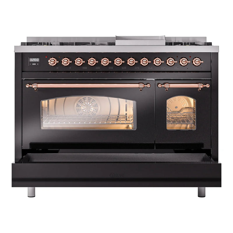 ILVE Nostalgie II 48" Dual Fuel Freestanding Range in Glossy Black with Copper Trim, UP48FNMPBKPLP