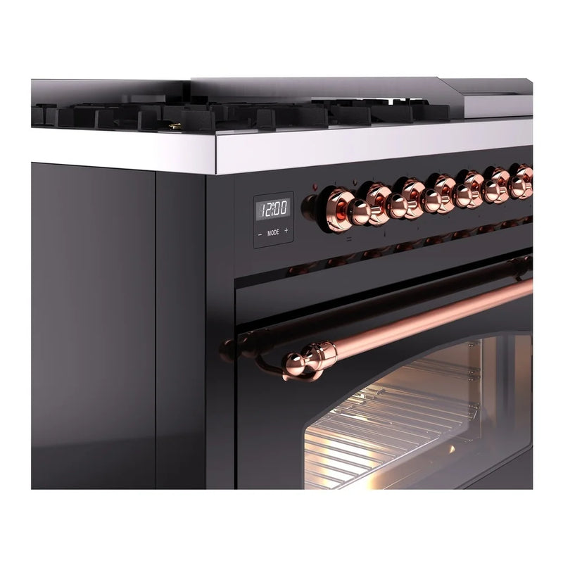 ILVE Nostalgie II 48" Dual Fuel Freestanding Range in Glossy Black with Copper Trim, UP48FNMPBKPLP