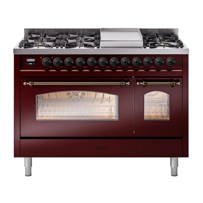 ILVE Nostalgie II 48" Dual Fuel Freestanding Range in Burgundy with Burnished Trim, UP48FNMPBUBLP