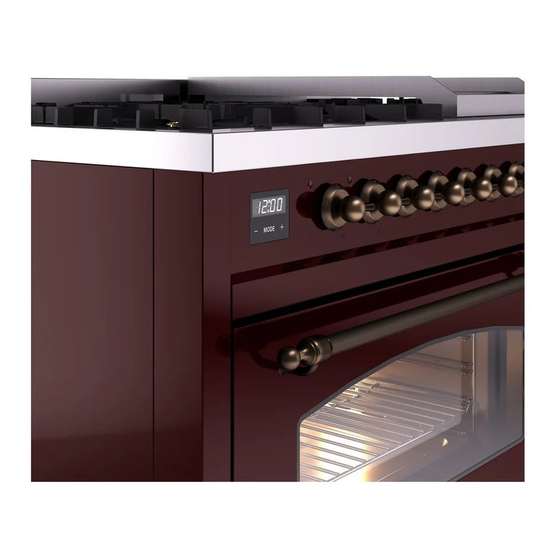 ILVE Nostalgie II 48" Dual Fuel Freestanding Range in Burgundy with Burnished Trim, UP48FNMPBUBLP