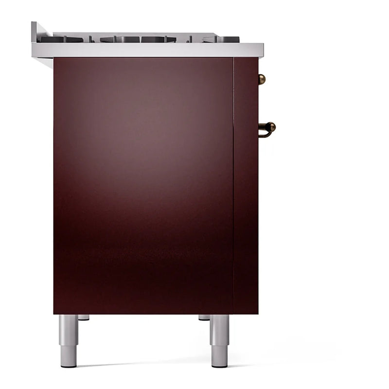 ILVE Nostalgie II 48" Dual Fuel Freestanding Range in Burgundy with Burnished Trim, UP48FNMPBUBLP