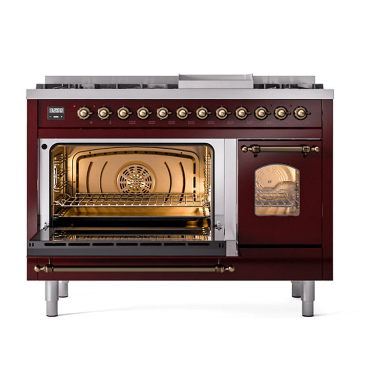 ILVE Nostalgie II 48" Dual Fuel Freestanding Range in Burgundy with Burnished Trim, UP48FNMPBUB