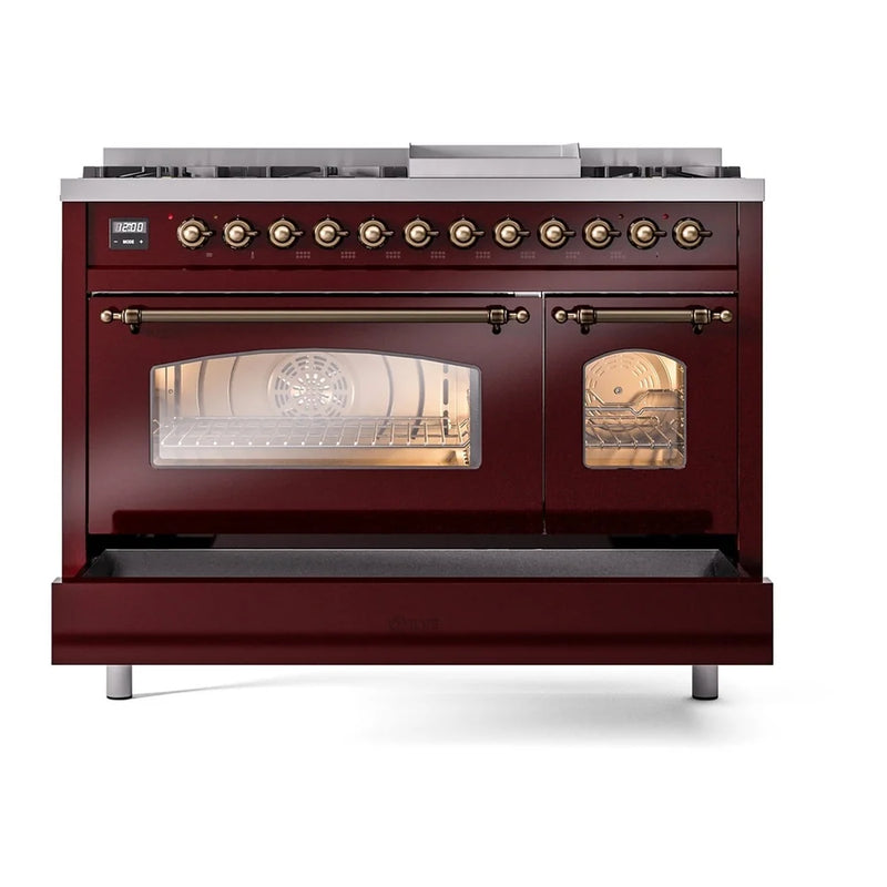 ILVE Nostalgie II 48" Dual Fuel Freestanding Range in Burgundy with Burnished Trim, UP48FNMPBUB
