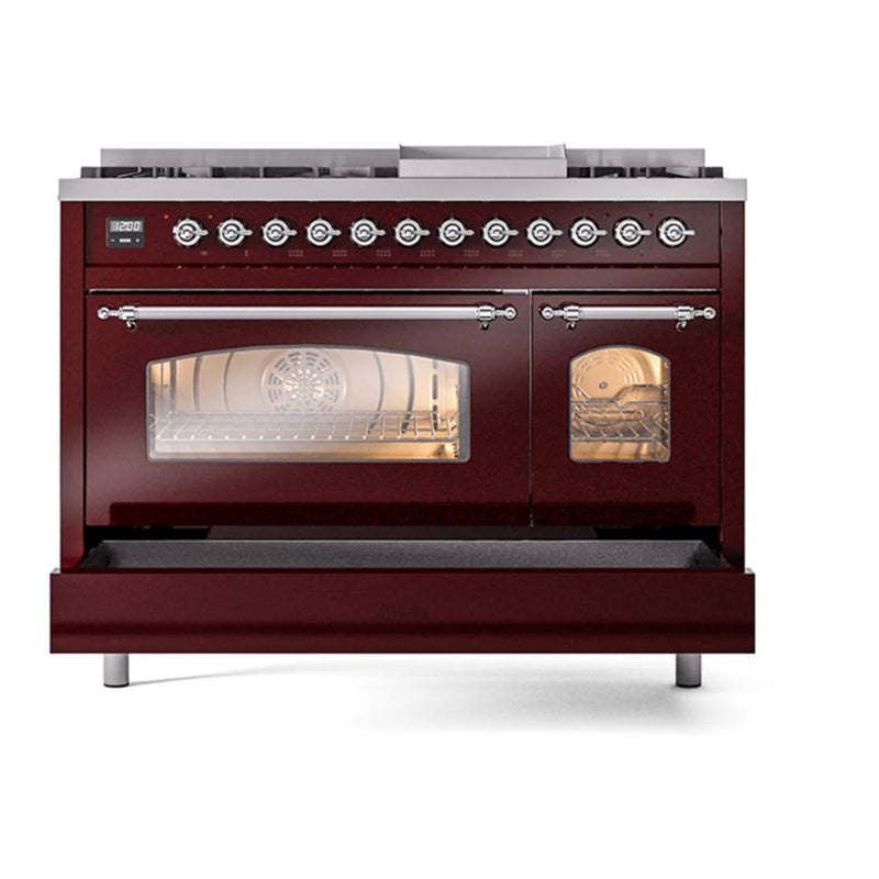 ILVE Nostalgie II 48" Dual Fuel Freestanding Range in Burgundy with Chrome Trim, UP48FNMPBUCLP