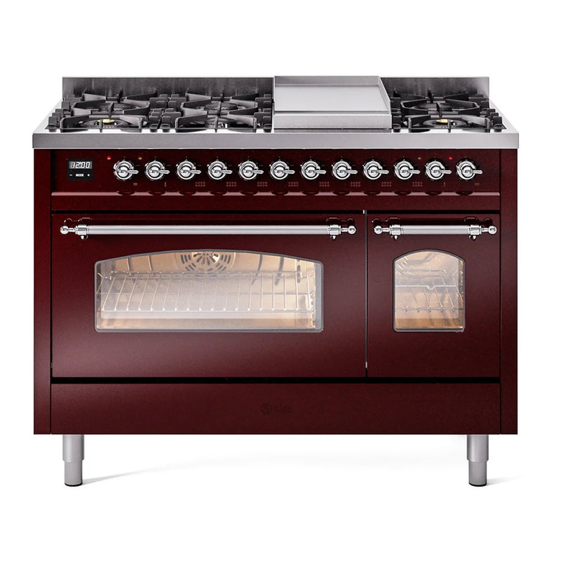 ILVE Nostalgie II 48" Dual Fuel Freestanding Range in Burgundy with Chrome Trim, UP48FNMPBUC