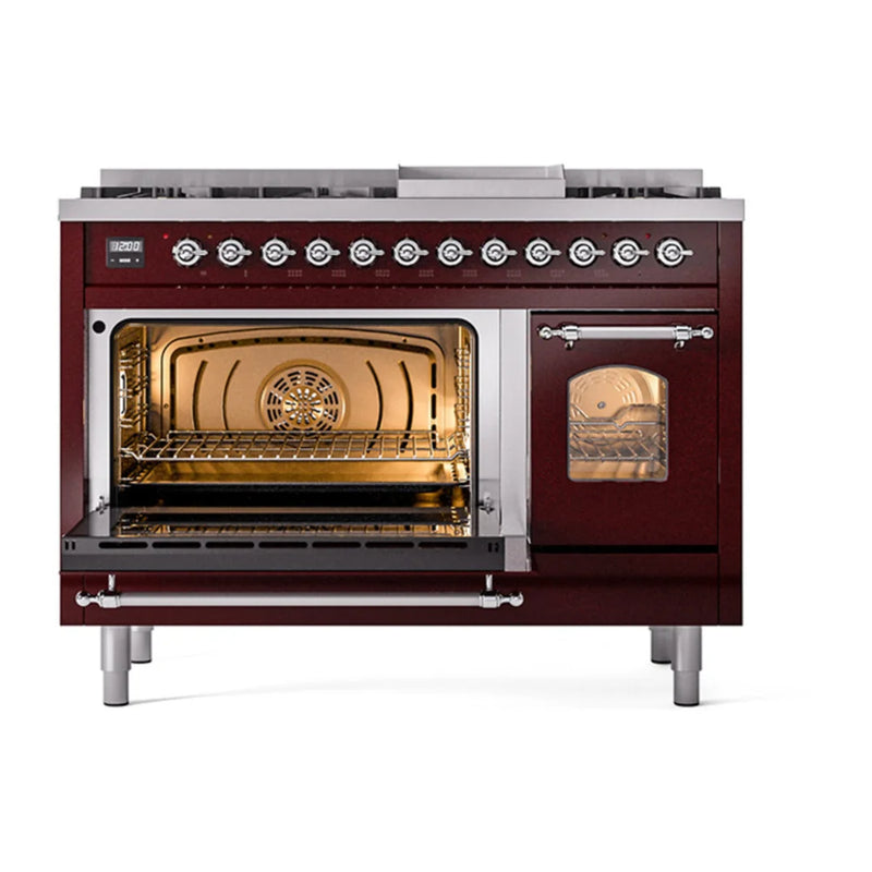 ILVE Nostalgie II 48" Dual Fuel Freestanding Range in Burgundy with Chrome Trim, UP48FNMPBUC
