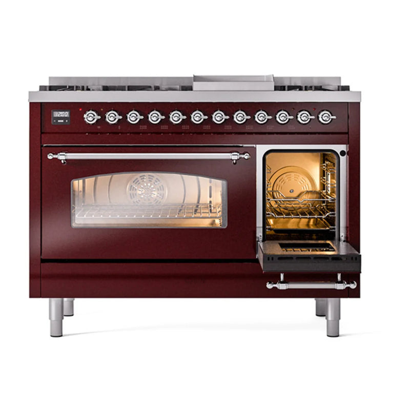 ILVE Nostalgie II 48" Dual Fuel Freestanding Range in Burgundy with Chrome Trim, UP48FNMPBUC