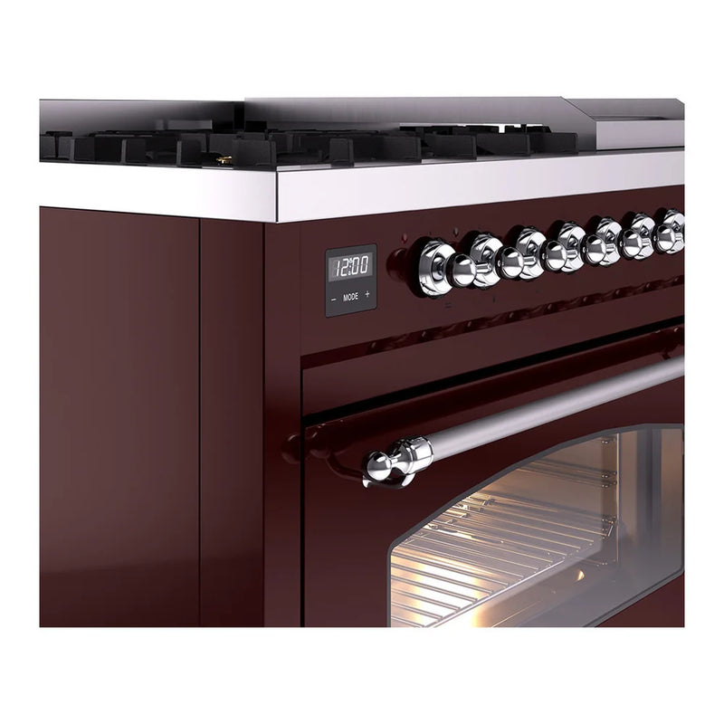 ILVE Nostalgie II 48" Dual Fuel Freestanding Range in Burgundy with Chrome Trim, UP48FNMPBUC