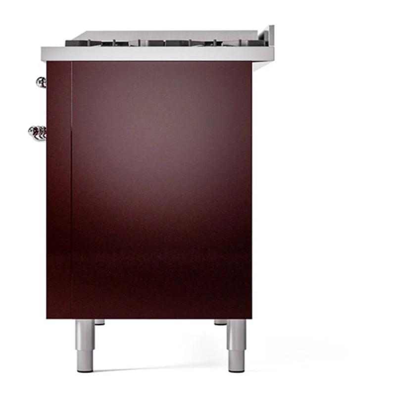 ILVE Nostalgie II 48" Dual Fuel Freestanding Range in Burgundy with Chrome Trim, UP48FNMPBUC
