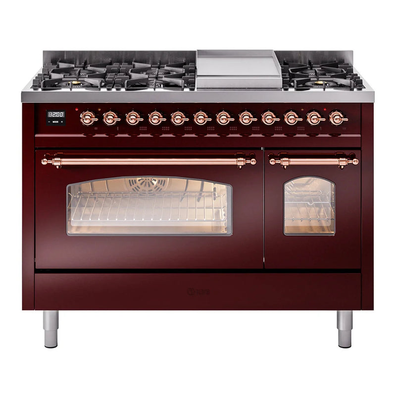 ILVE Nostalgie II 48" Dual Fuel Freestanding Range in Burgundy with Copper Trim, UP48FNMPBUPLP