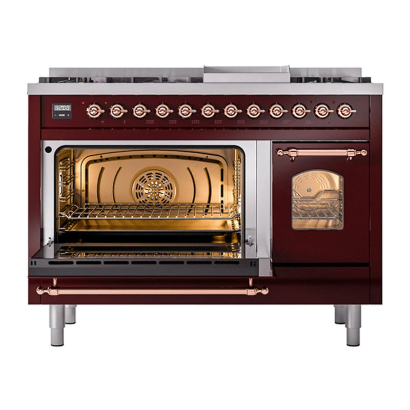 ILVE Nostalgie II 48" Dual Fuel Freestanding Range in Burgundy with Copper Trim, UP48FNMPBUPLP