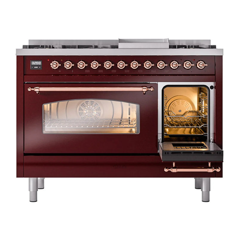 ILVE Nostalgie II 48" Dual Fuel Freestanding Range in Burgundy with Copper Trim, UP48FNMPBUPLP
