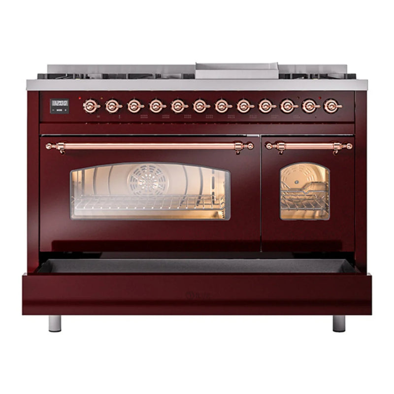 ILVE Nostalgie II 48" Dual Fuel Freestanding Range in Burgundy with Copper Trim, UP48FNMPBUPLP