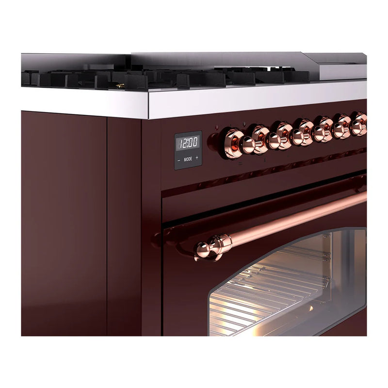 ILVE Nostalgie II 48" Dual Fuel Freestanding Range in Burgundy with Copper Trim, UP48FNMPBUPLP