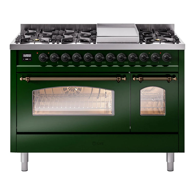 ILVE Nostalgie II 48" Dual Fuel Freestanding Range in Emerald Green with Burnished Trim, UP48FNMPEGBLP