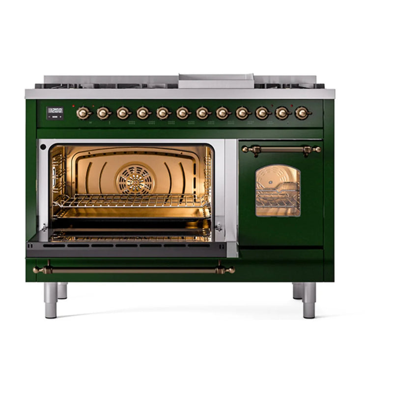 ILVE Nostalgie II 48" Dual Fuel Freestanding Range in Emerald Green with Burnished Trim, UP48FNMPEGBLP