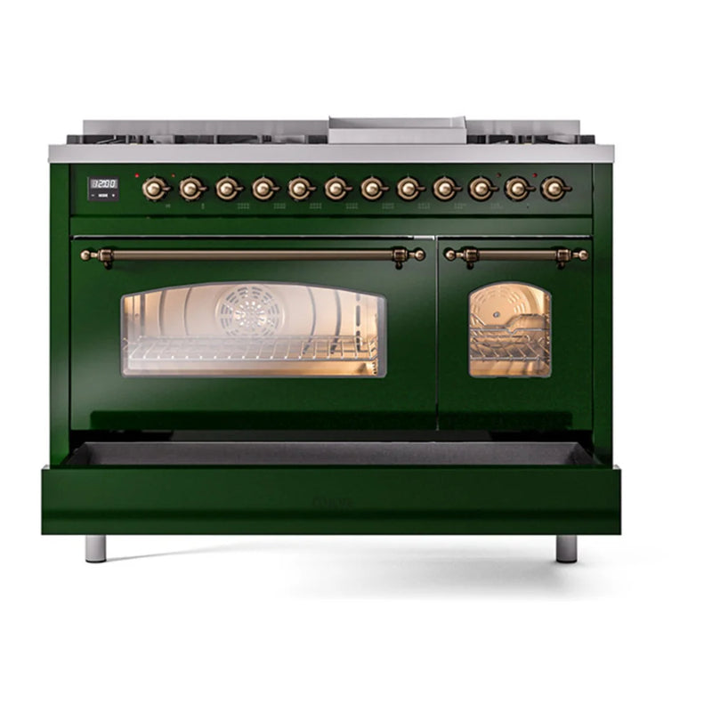 ILVE Nostalgie II 48" Dual Fuel Freestanding Range in Emerald Green with Burnished Trim, UP48FNMPEGBLP