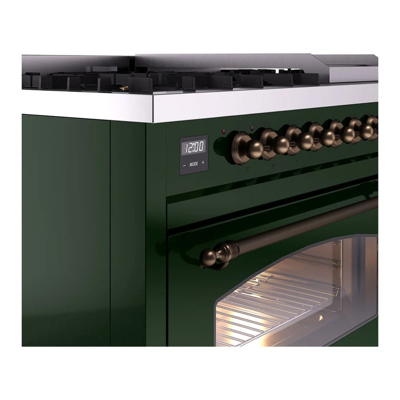 ILVE Nostalgie II 48" Dual Fuel Freestanding Range in Emerald Green with Burnished Trim, UP48FNMPEGBLP