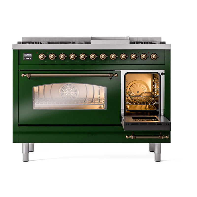 ILVE Nostalgie II 48" Dual Fuel Freestanding Range in Emerald Green with Burnished Trim, UP48FNMPEGB