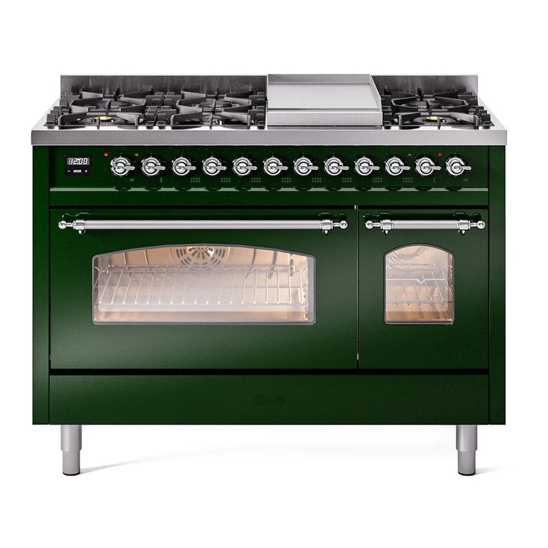 ILVE Nostalgie II 48" Dual Fuel Freestanding Range in Emerald Green with Chrome Trim, UP48FNMPEGCLP