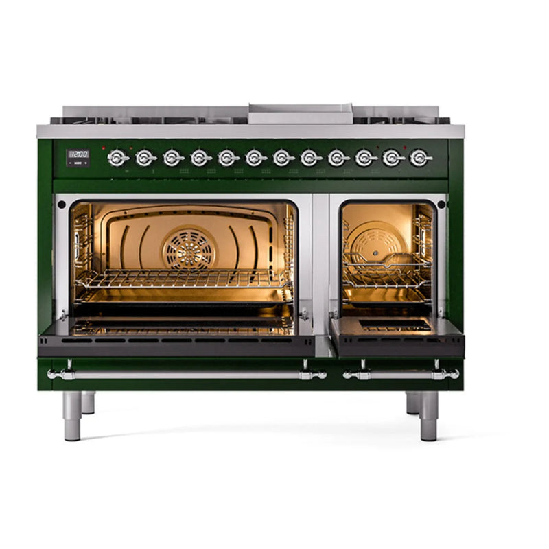 ILVE Nostalgie II 48" Dual Fuel Freestanding Range in Emerald Green with Chrome Trim, UP48FNMPEGCLP