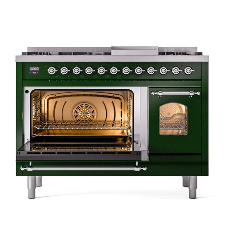 ILVE Nostalgie II 48" Dual Fuel Freestanding Range in Emerald Green with Chrome Trim, UP48FNMPEGCLP