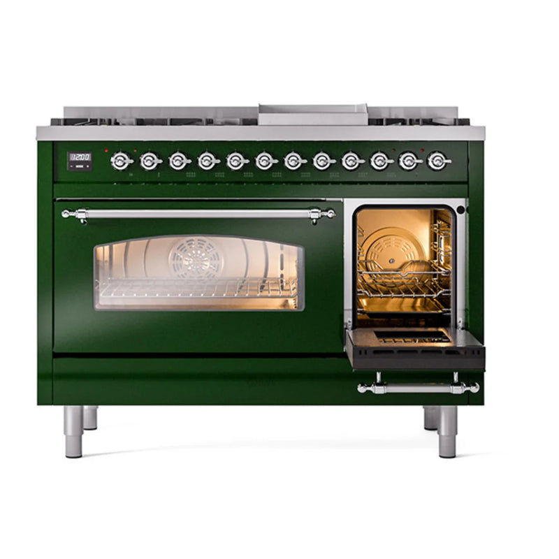 ILVE Nostalgie II 48" Dual Fuel Freestanding Range in Emerald Green with Chrome Trim, UP48FNMPEGCLP