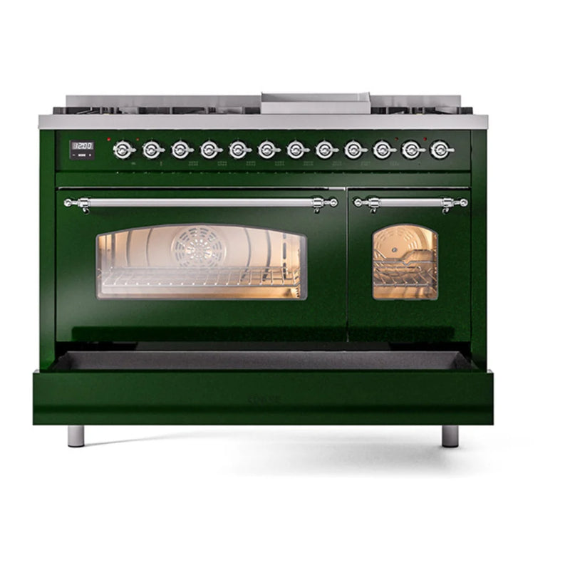 ILVE Nostalgie II 48" Dual Fuel Freestanding Range in Emerald Green with Chrome Trim, UP48FNMPEGCLP