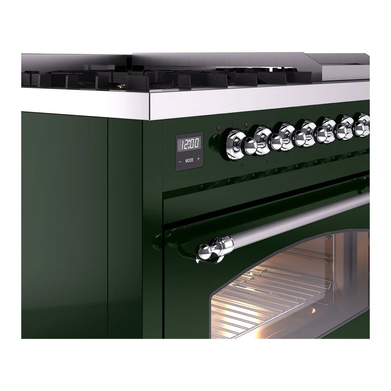 ILVE Nostalgie II 48" Dual Fuel Freestanding Range in Emerald Green with Chrome Trim, UP48FNMPEGC