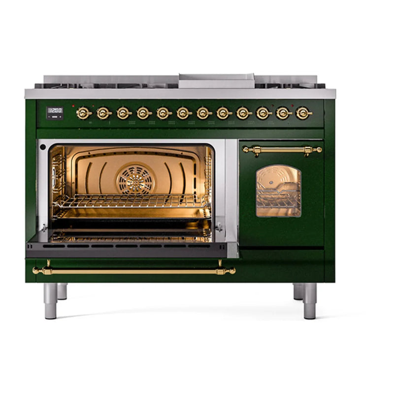 ILVE Nostalgie II 48" Dual Fuel Freestanding Range in Emerald Green with Brass Trim, UP48FNMPEGGLP