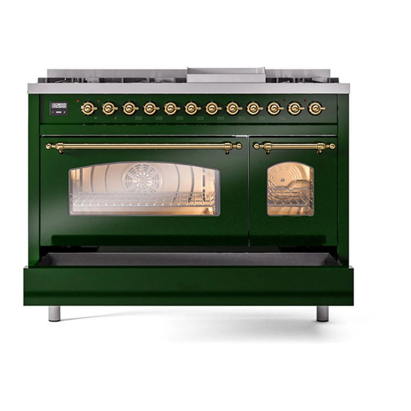 ILVE Nostalgie II 48" Dual Fuel Freestanding Range in Emerald Green with Brass Trim, UP48FNMPEGGLP