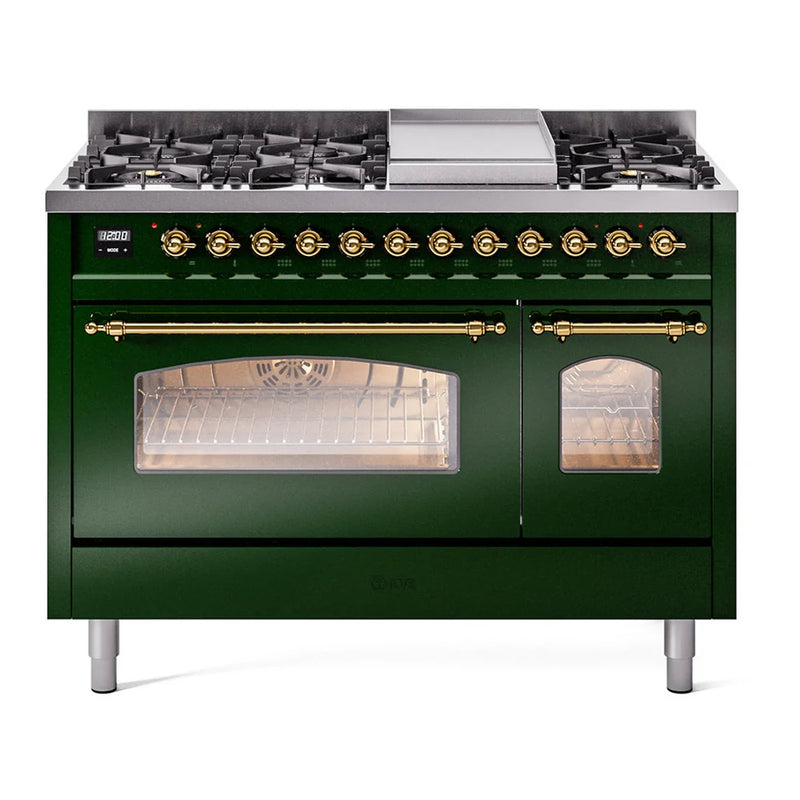 ILVE Nostalgie II 48" Dual Fuel Freestanding Range in Emerald Green with Brass Trim, UP48FNMPEGG