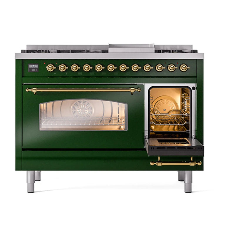ILVE Nostalgie II 48" Dual Fuel Freestanding Range in Emerald Green with Brass Trim, UP48FNMPEGG