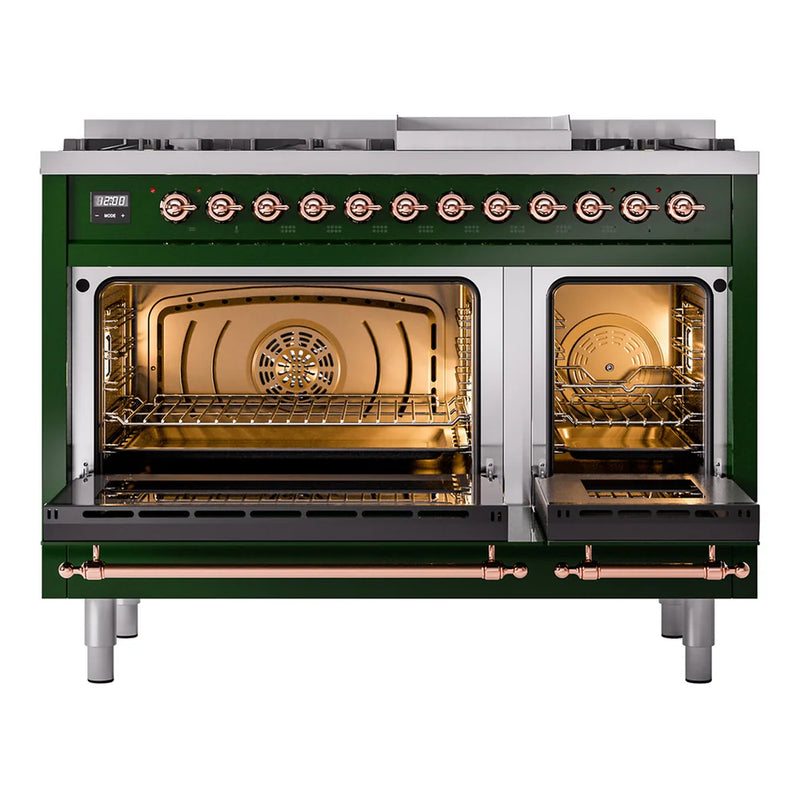 ILVE Nostalgie II 48" Dual Fuel Freestanding Range in Emerald Green with Copper Trim, UP48FNMPEGPLP