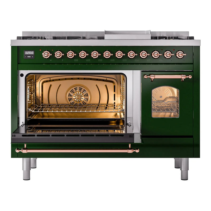 ILVE Nostalgie II 48" Dual Fuel Freestanding Range in Emerald Green with Copper Trim, UP48FNMPEGPLP