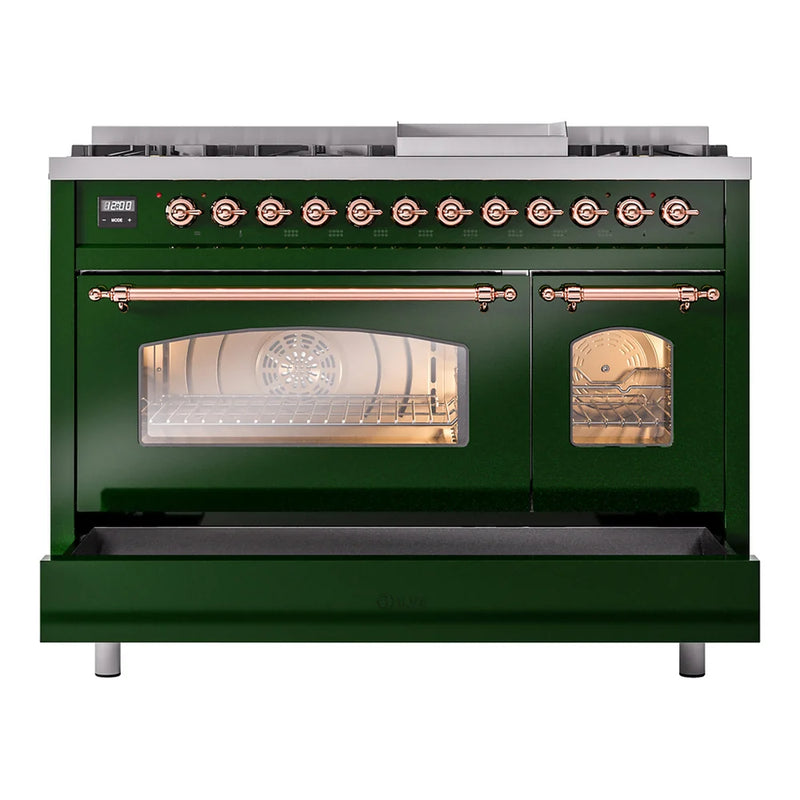 ILVE Nostalgie II 48" Dual Fuel Freestanding Range in Emerald Green with Copper Trim, UP48FNMPEGPLP