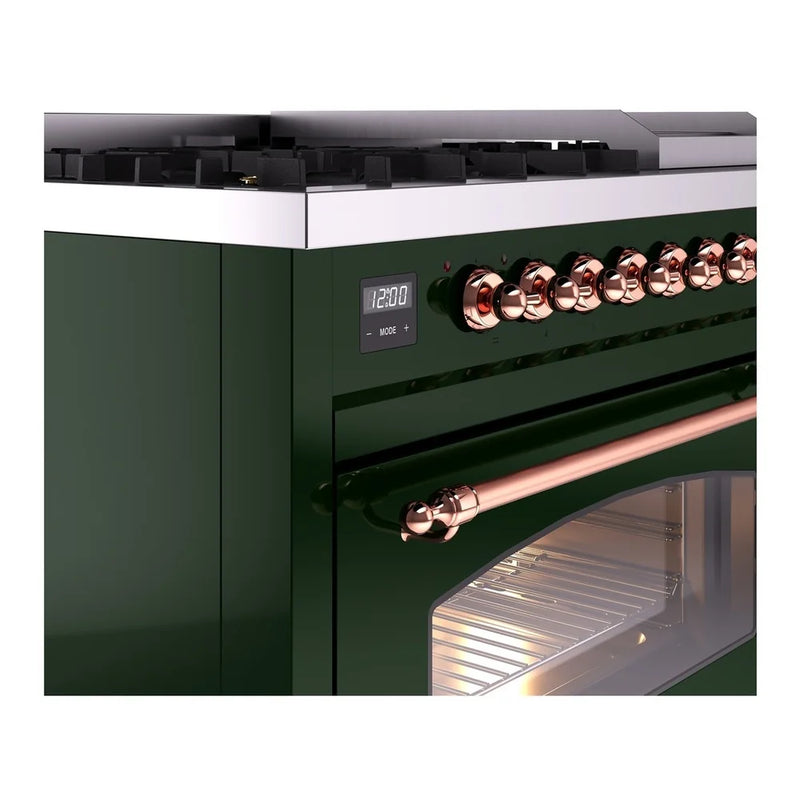 ILVE Nostalgie II 48" Dual Fuel Freestanding Range in Emerald Green with Copper Trim, UP48FNMPEGPLP