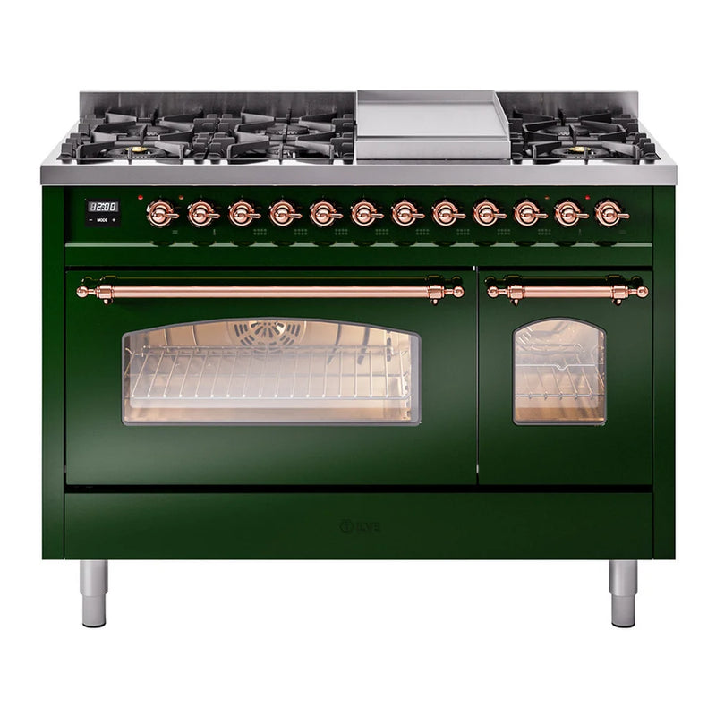 ILVE Nostalgie II 48" Dual Fuel Freestanding Range in Emerald Green with Copper Trim, UP48FNMPEGP