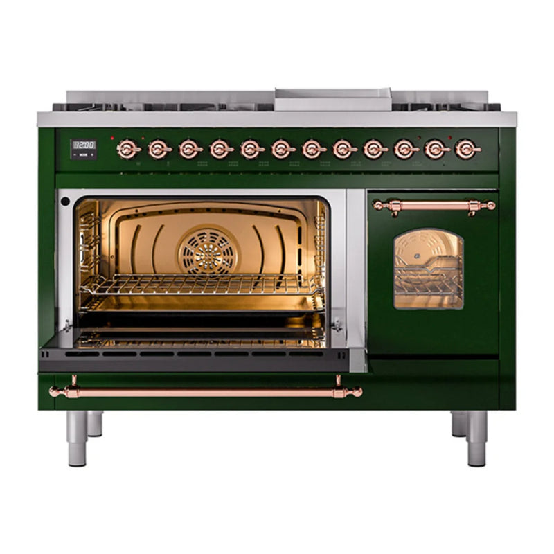 ILVE Nostalgie II 48" Dual Fuel Freestanding Range in Emerald Green with Copper Trim, UP48FNMPEGP