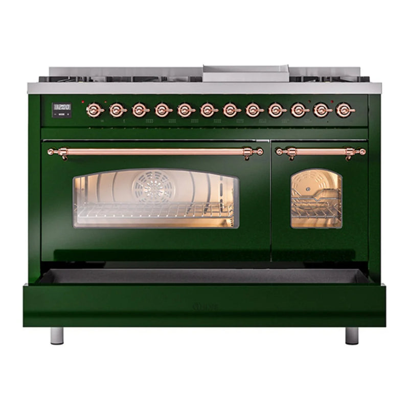 ILVE Nostalgie II 48" Dual Fuel Freestanding Range in Emerald Green with Copper Trim, UP48FNMPEGP