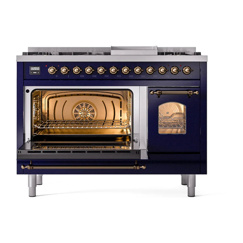 ILVE Nostalgie II 48" Dual Fuel Freestanding Range in Midnight Blue with Burnished Trim, UP48FNMPMBBLP