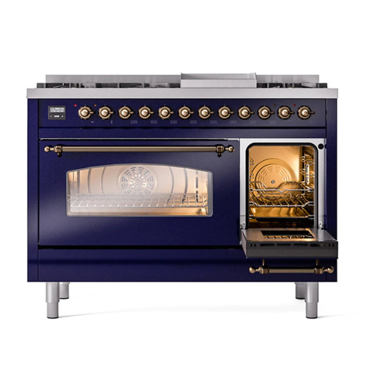 ILVE Nostalgie II 48" Dual Fuel Freestanding Range in Midnight Blue with Burnished Trim, UP48FNMPMBBLP