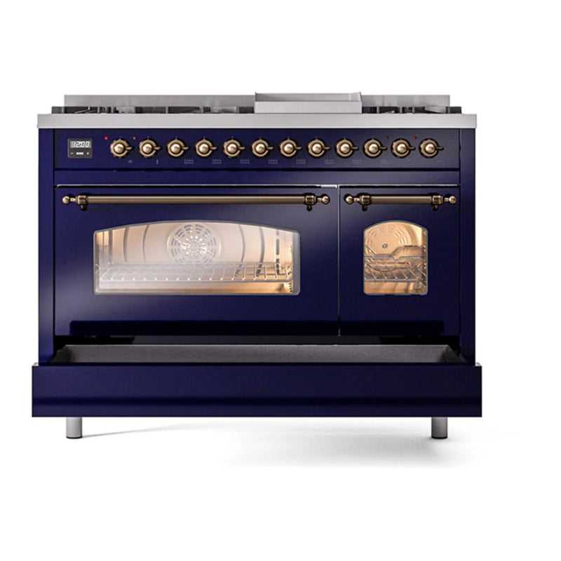 ILVE Nostalgie II 48" Dual Fuel Freestanding Range in Midnight Blue with Burnished Trim, UP48FNMPMBBLP