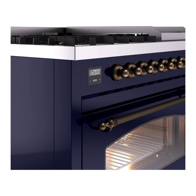 ILVE Nostalgie II 48" Dual Fuel Freestanding Range in Midnight Blue with Burnished Trim, UP48FNMPMBBLP