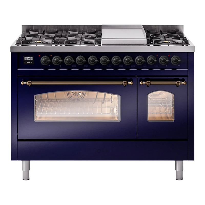 ILVE Nostalgie II 48" Dual Fuel Freestanding Range in Midnight Blue with Burnished Trim, UP48FNMPMBB