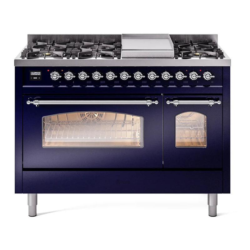 ILVE Nostalgie II 48" Dual Fuel Freestanding Range in Midnight Blue with Chrome Trim, UP48FNMPMBCLP