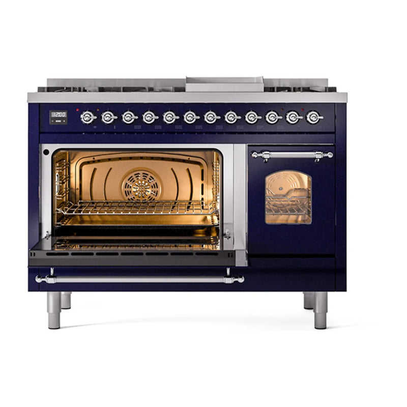 ILVE Nostalgie II 48" Dual Fuel Freestanding Range in Midnight Blue with Chrome Trim, UP48FNMPMBC