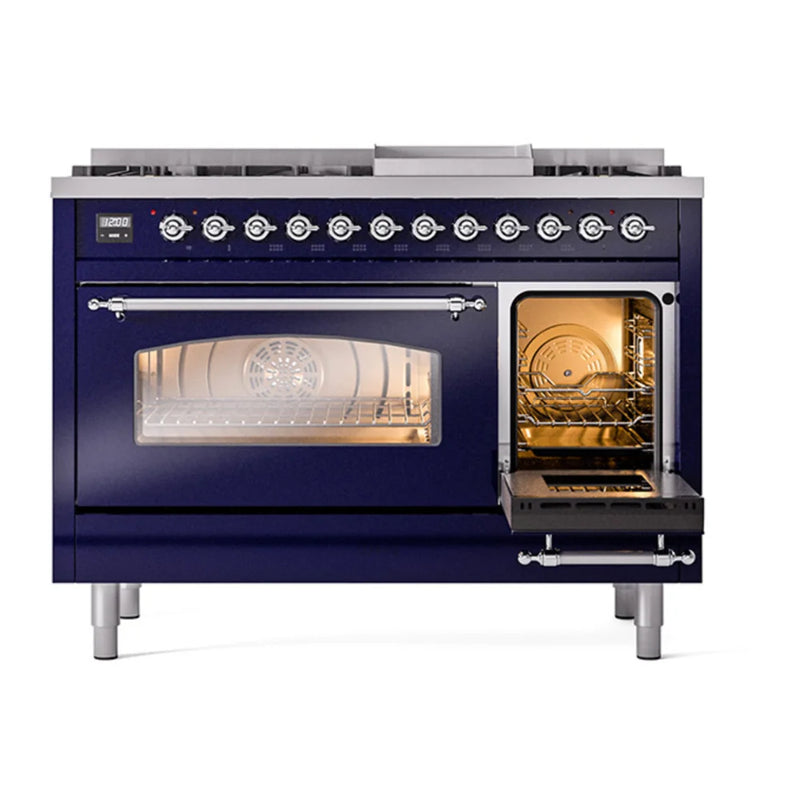 ILVE Nostalgie II 48" Dual Fuel Freestanding Range in Midnight Blue with Chrome Trim, UP48FNMPMBC